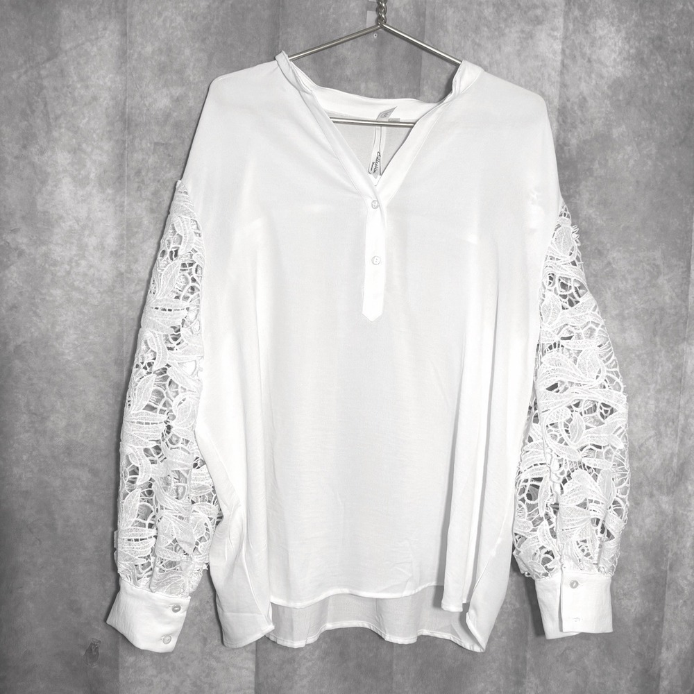 NWT NY Collection Crochet Lace Balloon Sleeve Blouse Women 2X White Romantic